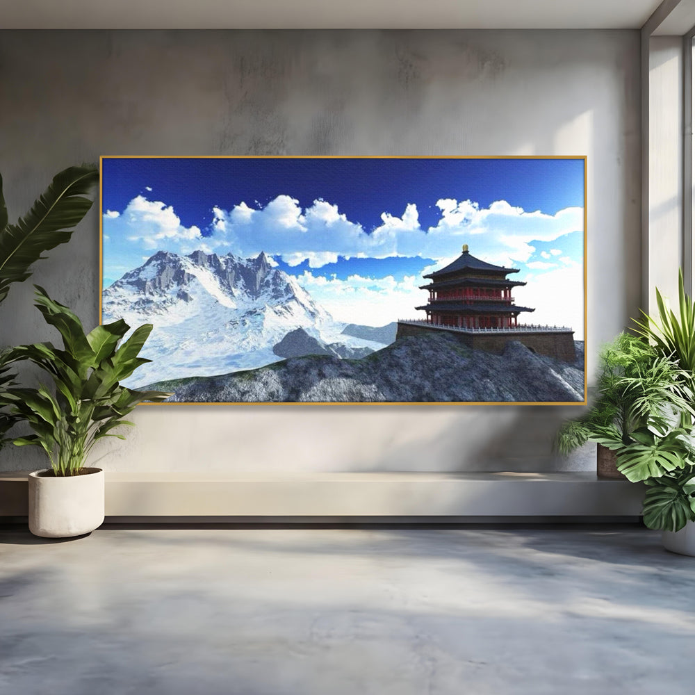 Tablou canvas cu tablou canvas cu templu si munti, in rama de aluminiu auriu